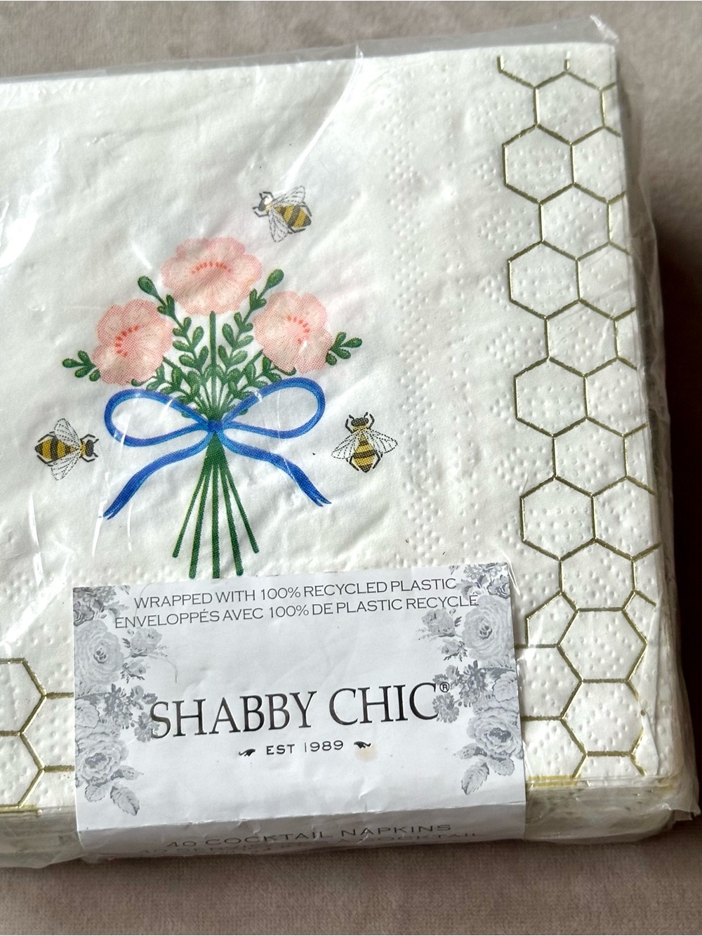 Shabby Chic White Napkins with Blue Ribbon, Green Stems & Yellow Bee